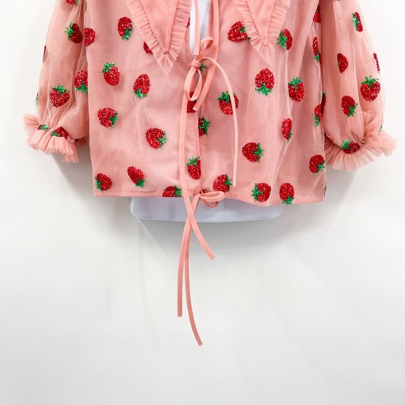 Lirika Matoshi Strawberry Print Tulle Tie Front Collared Cropped Blouse Top - Picture 5 of 11